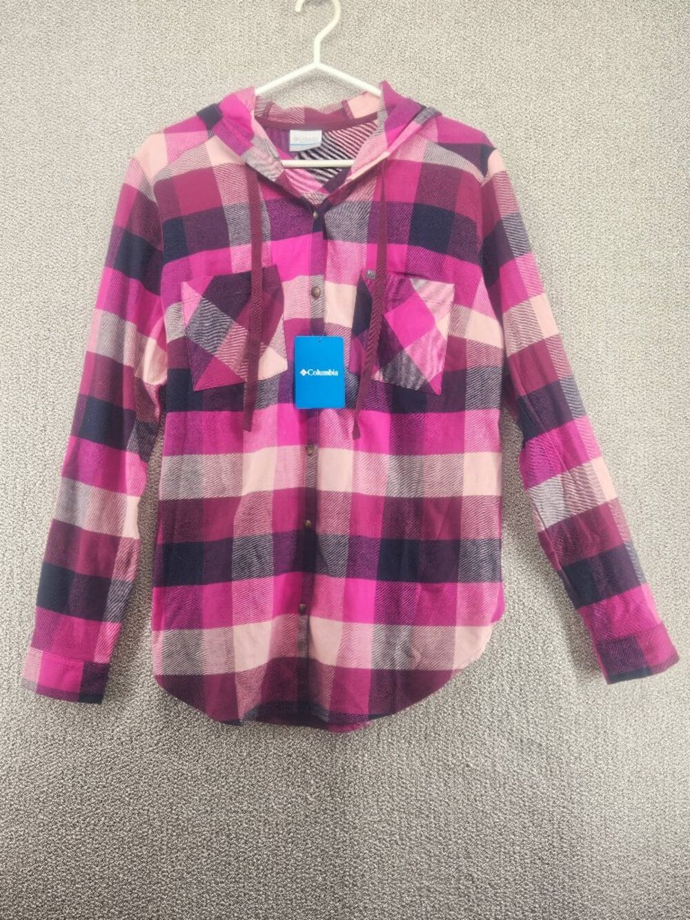 Columbia NWT Anytime Stretch Flannel Shirt with Hood, Pink & Navy
